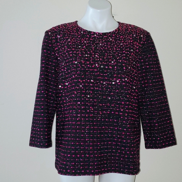 ST. JOHN Black Pink Cavier Wool Blend Knit Sequin Top Jacket Size 14 - Picture 12 of 12